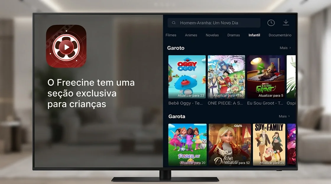 Na seção infantil, o Freecine 2026 separa os desenhos para meninos, meninas e conforme a idade da criança