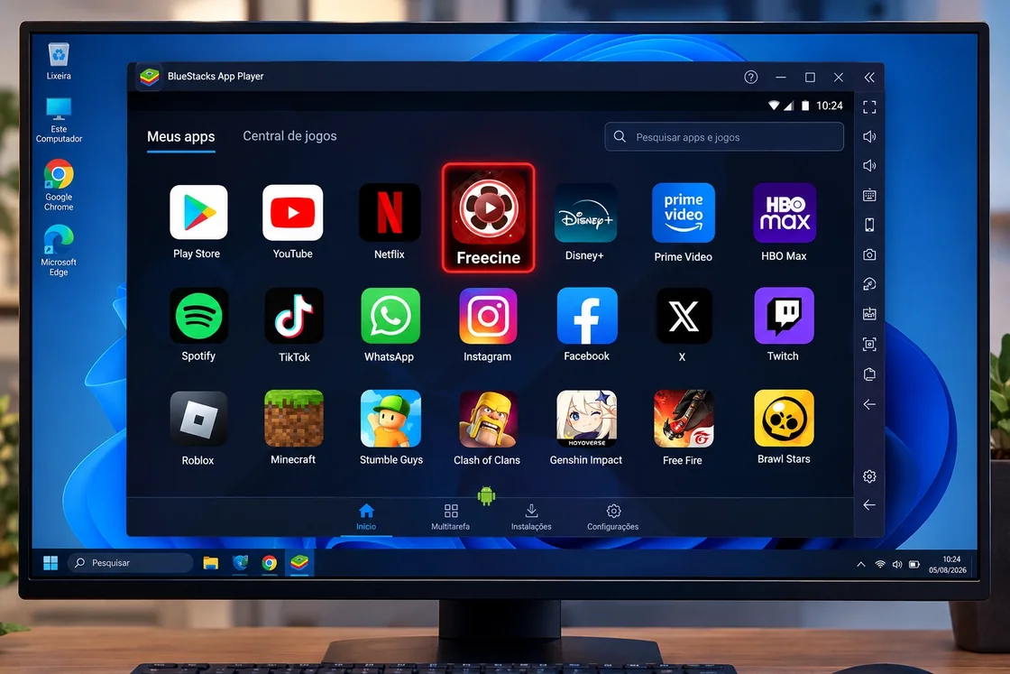 O app Freecine precisa de um emulador Android para rodar no PC
